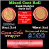 Mixed small cents 1c orig shotgun roll, 1950-d Lincoln Cent, Wheat Cent other end, Coca Cola Brandt 