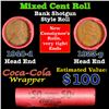 Mixed small cents 1c orig shotgun roll, 1940-d Lincoln Cent, 1923-p Lincoln Cent other end, Coca Col