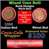 Image 1 : Mixed small cents 1c orig shotgun roll, Wheat Cent, 1898 Indian Cent other end, Coca Cola Brandt Wra
