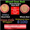 Mixed small cents 1c orig shotgun roll, 1945-p Lincoln Cent, Wheat Cent other end, Coca Cola Brandt 
