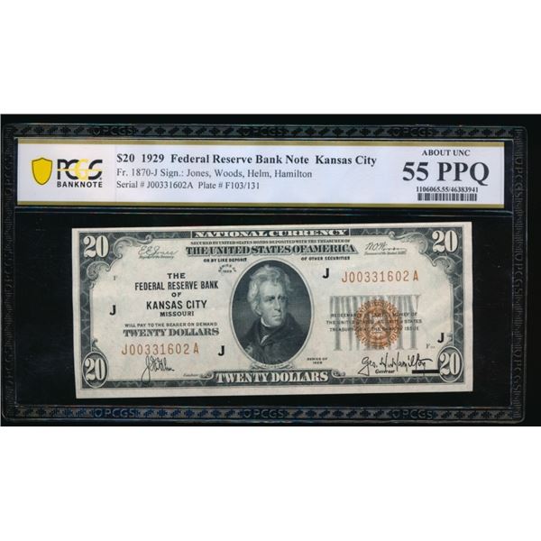 1929 $20 Kansas City FRBN PCGS 55PPQ