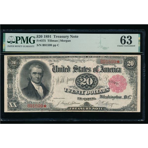 1891 $20 Treasury Note PMG 63