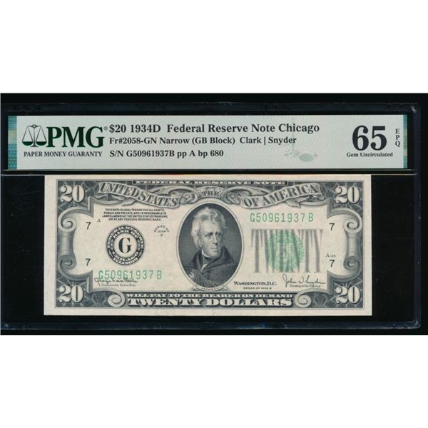 1934D $20 Chicago FRN PMG 65EPQ