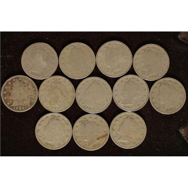 12 LIBERTY  V  NICKELS  1900-1912, NO 1910