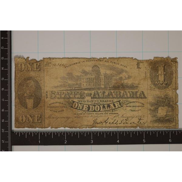 1863 STATE OF ALABAMA $1 OBSOLETE CURRENCY