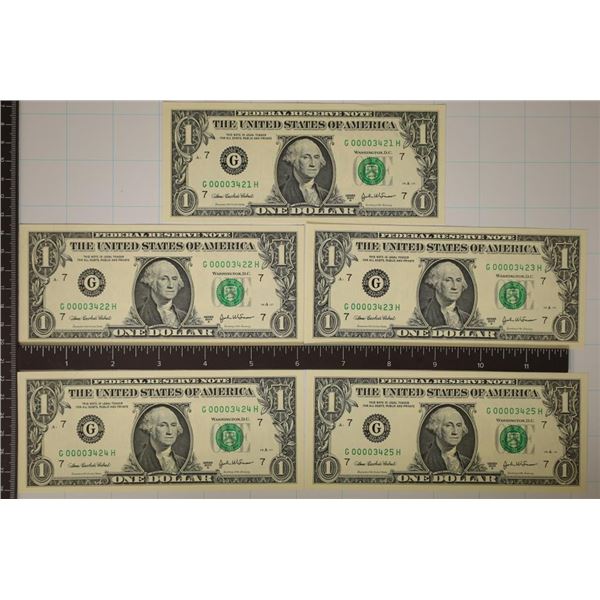 5-2003-A $1 FRN'S CONSECUTIVE LOW SERIAL NUMBERS