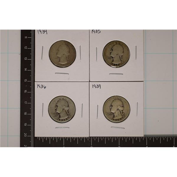 1934, 35, 36 & 1939 WASHINGTON SILVER QUARTERS