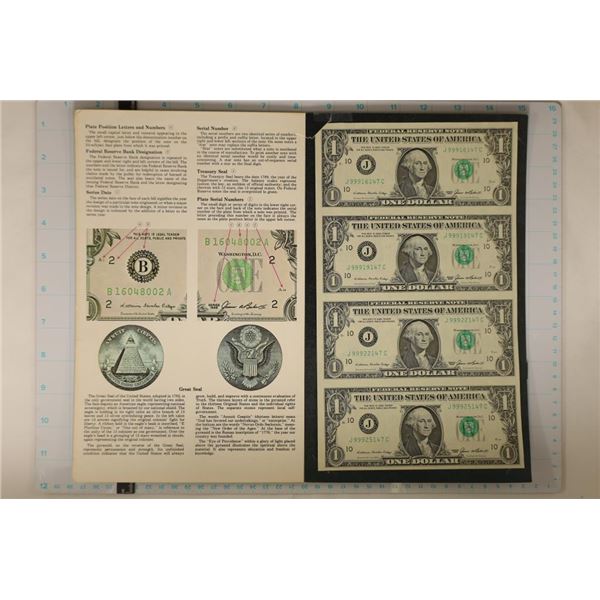 UNCUT SHEET OF 4 -1985 US $1 FRNS CRISP UNC IN