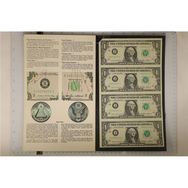 UNCUT SHEET OF 4 -1985 US $1 FRNS CRISP UNC IN