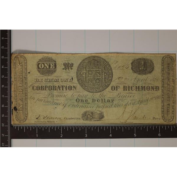 1861 CORPORATION OF RICHMOND $1 OBSOLETE BILL