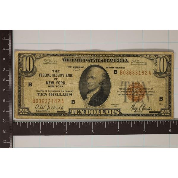 1929 US $10 NATIONAL CURRENCY. RESERVE BANK OF