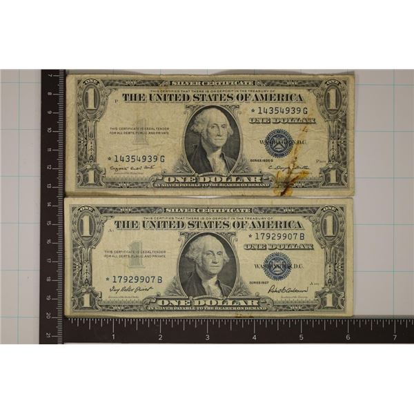 1935-G & 1957 US $1 SILVER CERT, STAR NOTES, BLUE