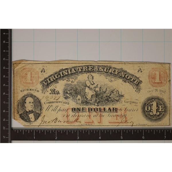 1862 VIRGINIA TREASURY $1 OBSOLETE BANK NOTE