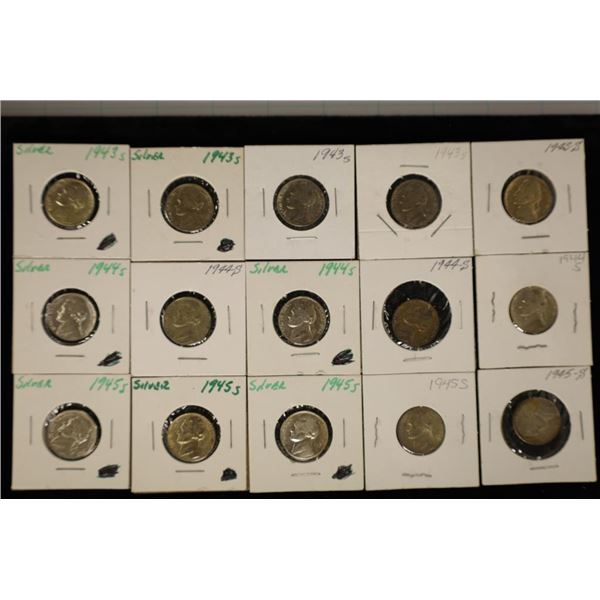 15-SILVER JEFFERSON WAR NICKELS: 5 EACH OF