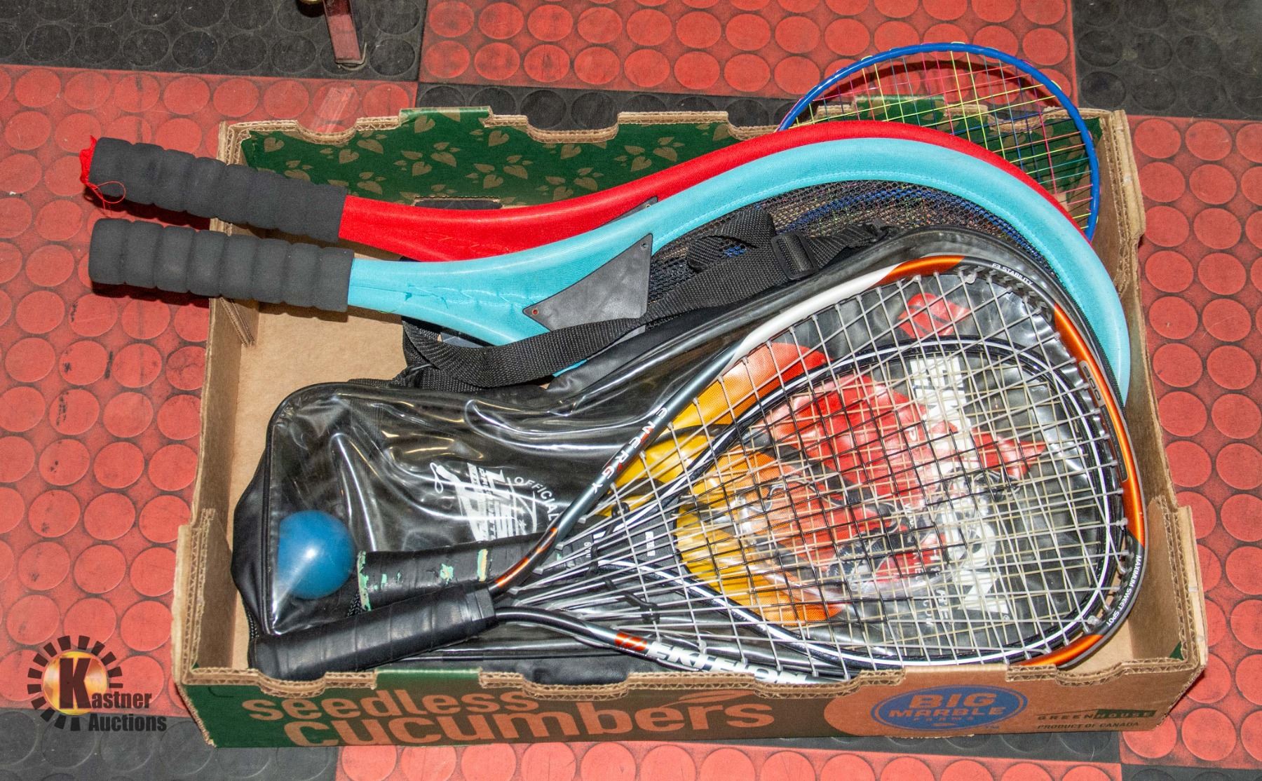 BOX WITH VARIOUS SPORTS RACKETS - 6 IN TOTAL