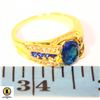 GOLD TONE RING WITH OVAL BLUE COLORED CENTER WITH