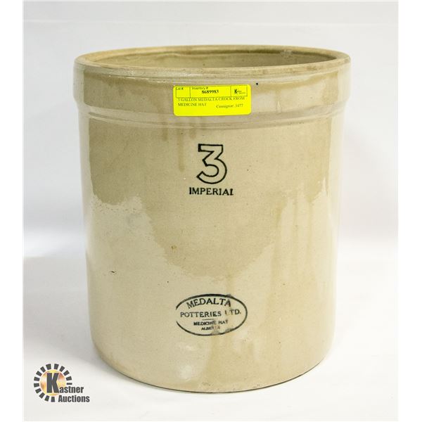 3 GALLON MEDALTA CROCK FROM MEDICINE HAT