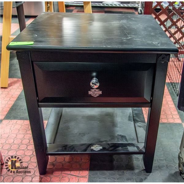 BLACK WOODEN END TABLE WITH HARLEY DECALS