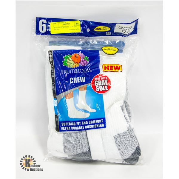 WHITE CREW SOCKS 12-16 SIZE 6-PACK