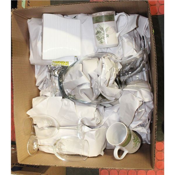 LARGE BOX OF MISC INCLUDES PLATEWARE/GLASSWARE