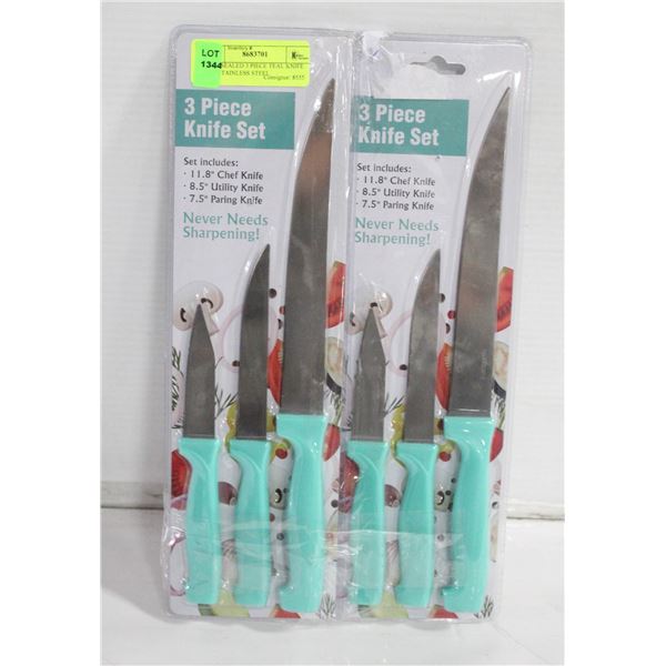 2 NEW SEALED 3PKS TEAL KNIFE SET STAINLESS STEEL