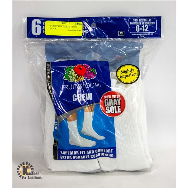 WHITE CREW SOCKS 6-12 SIZE 6-PACK