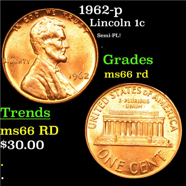 1962-p Lincoln Cent 1c Grades GEM+ Unc RD