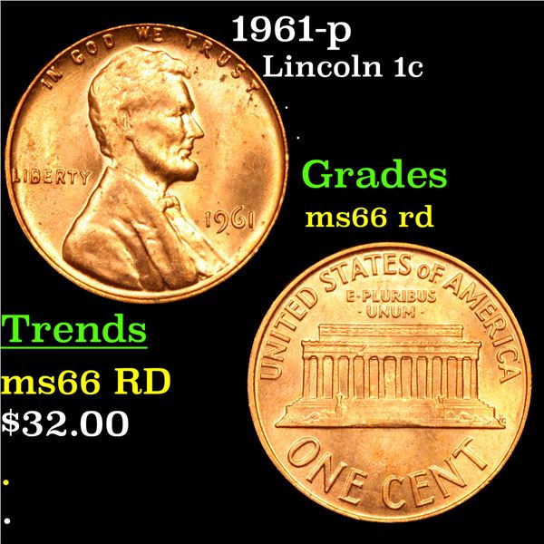 1961-p Lincoln Cent 1c Grades GEM+ Unc RD