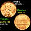Image 1 : 1961-p Lincoln Cent 1c Grades GEM+ Unc RD