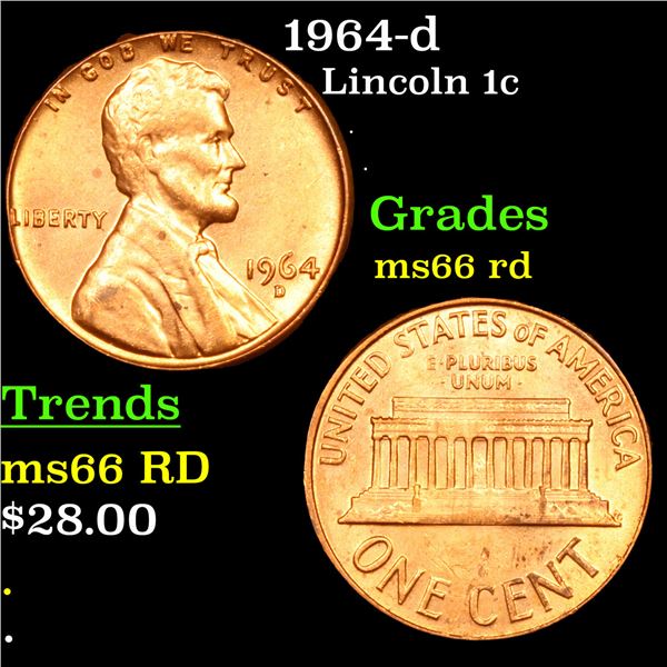1964-d Lincoln Cent 1c Grades GEM+ Unc RD