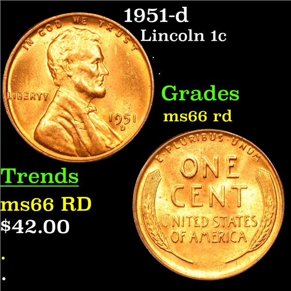 1951-d Lincoln Cent 1c Grades GEM+ Unc RD