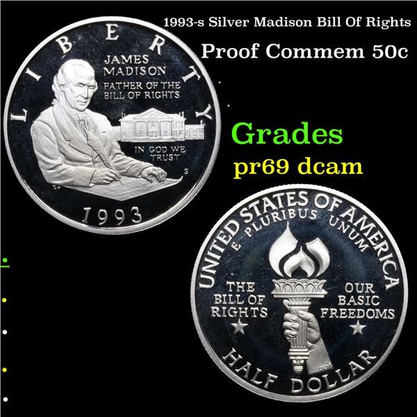 Proof 1993-s Silver Madison Bill Of Rights Modern Commem Half Dollar 50c Grades GEM++ Proof Deep Cam