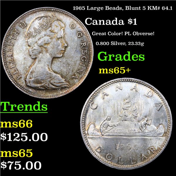 1965 Large Beads, Blunt 5 Canada Dollar KM# 64.1 $1 Grades GEM+ Unc