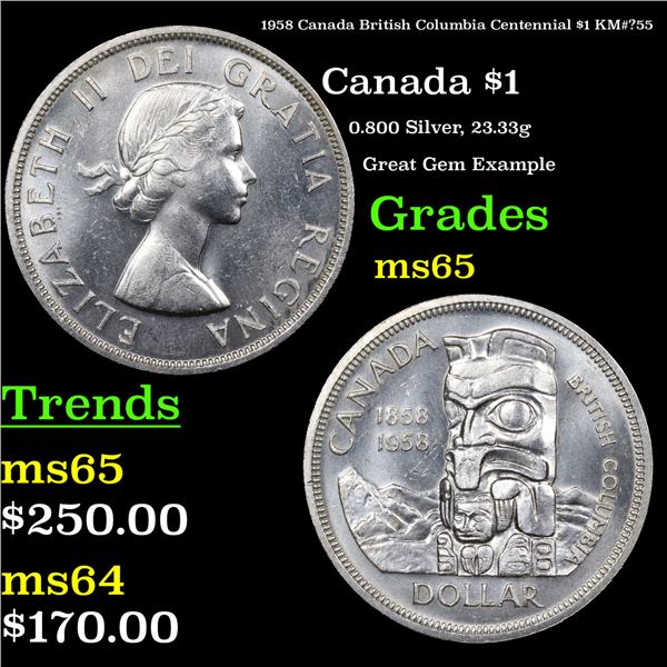 1958 Canada British Columbia Centennial $1 Canada Dollar KM#?55 $1 Grades GEM Unc