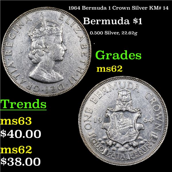 1964 Bermuda 1 Crown Silver KM# 14 Grades Select Unc