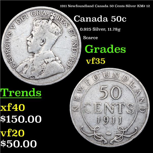 1911 Newfoundland Canada 50 Cents Silver KM# 12 Grades vf++