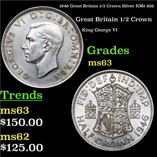 1946 Great Britain 1/2 Crown Silver KM# 856 Grades Select Unc