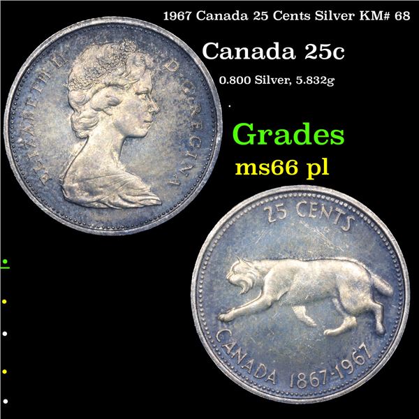 1967 Canada 25 Cents Silver KM# 68 Grades GEM+ UNC PL