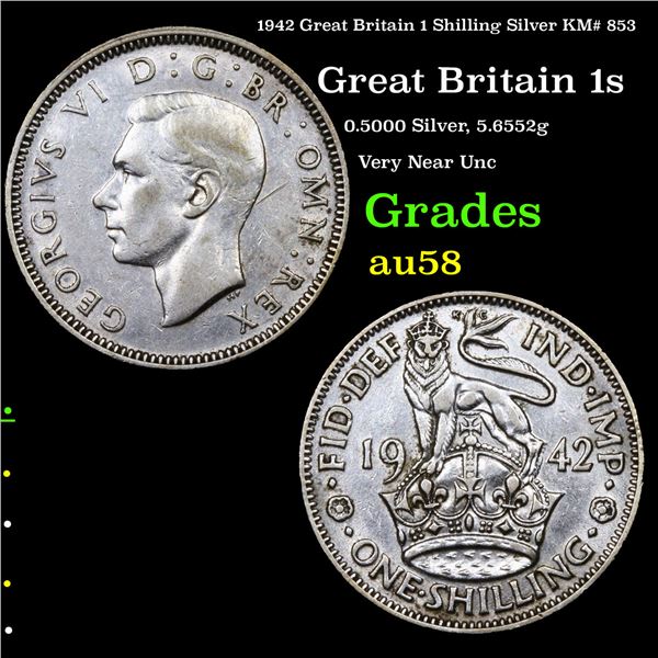 1942 Great Britain 1 Shilling Silver KM# 853 Grades Choice AU/BU Slider