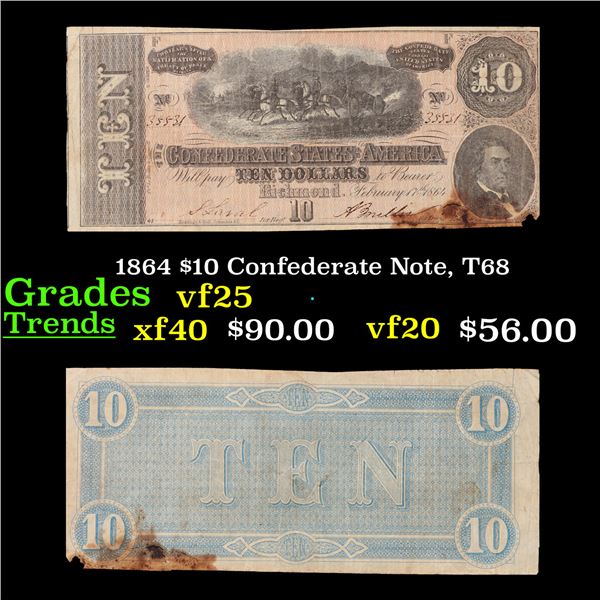 1864 $10 Confederate Note, T68 Grades vf+