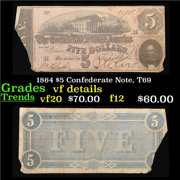 1864 $5 Confederate Note, T69 Grades vf details