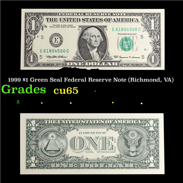 1999 $1 Green Seal Federal Reserve Note (Richmond, VA) Grades Gem CU