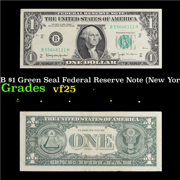 1963B $1 Green Seal Federal Reserve Note (New York, NY) Grades vf+