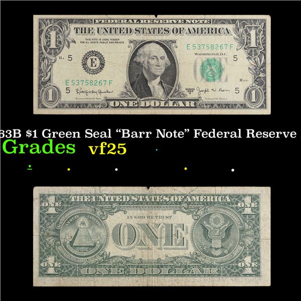 1963B $1 Green Seal "Barr Note" Federal Reserve Note Grades vf+