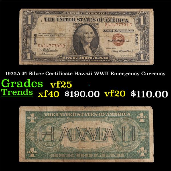 1935A $1 Silver Certificate Hawaii WWII Emergency Currency Grades vf+