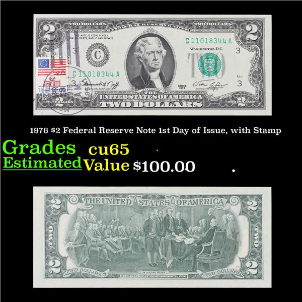 1976 $2 Federal Reserve Note 1st Day of Issue, with Stamp Grades Gem CU