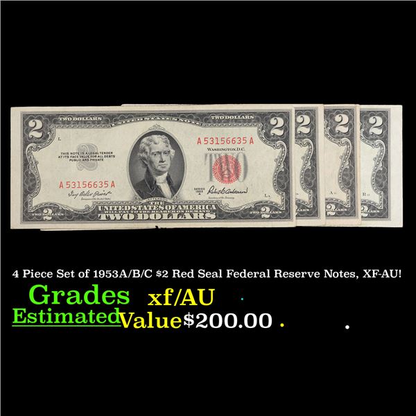 4 Piece Set of 1953A/B/C $2 Red Seal Federal Reserve Notes, XF-AU! Grades XF/AU