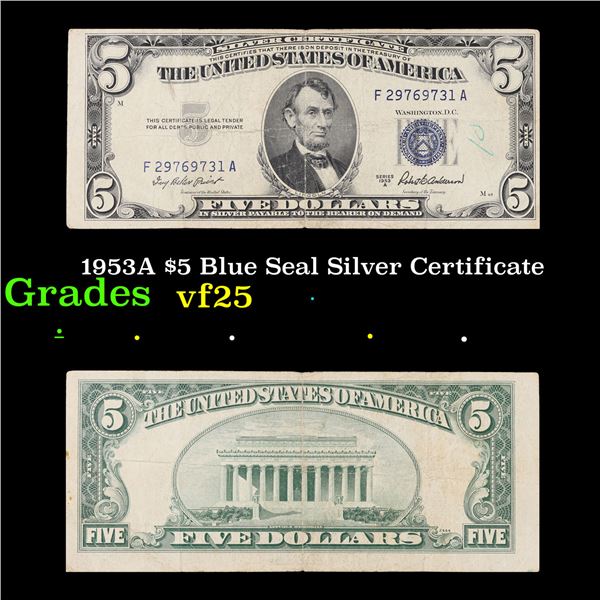 1953A $5 Blue Seal Silver Certificate Grades vf+