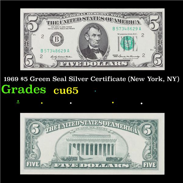 1969 $5 Green Seal Silver Certificate (New York, NY) Grades Gem CU