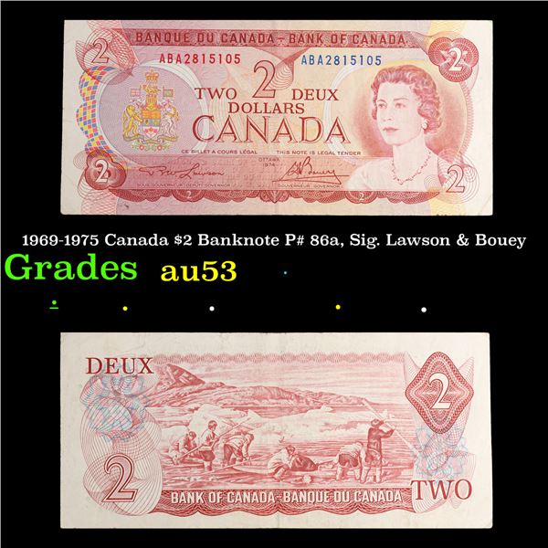 1969-1975 Canada $2 Banknote P# 86a, Sig. Lawson & Bouey Grades Select AU